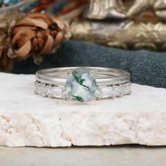 Round Cut Moss Agate Solitaire Ring with Wedding Band Bridal Set