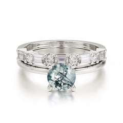 Round Cut Moss Agate Solitaire Ring with Wedding Band Bridal Set