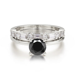 Round Cut Black Onyx Solitaire Ring with Wedding Band Bridal Set
