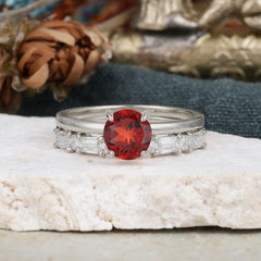 Round Cut Garnet Solitaire Ring with Wedding Band Bridal Set