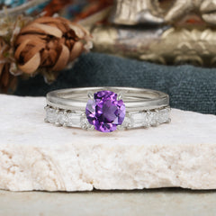 Round Cut Amethyst Solitaire Ring with Wedding Band Bridal Set