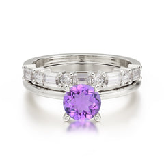 Round Cut Amethyst Solitaire Ring with Wedding Band Bridal Set