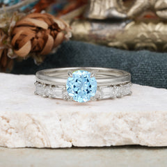 Round Cut Aquamarine Solitaire Ring with Wedding Band Bridal Set