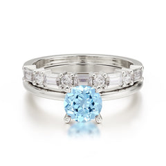 Round Cut Aquamarine Solitaire Ring with Wedding Band Bridal Set