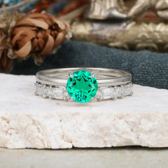 Round Cut Emerald Solitaire Ring with Wedding Band Bridal Set