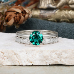 Round Cut Emerald Solitaire Ring with Wedding Band Bridal Set