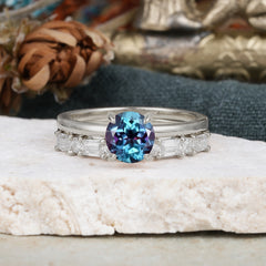 4 Prong Round Cut Alexandrite Solitaire Ring with Wedding Band Bridal Set