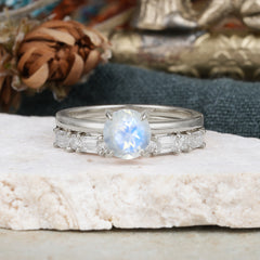 4 Prong Round Cut Moonstone Solitaire Ring with Wedding Band Bridal Set