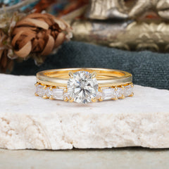 Round Cut Moissanite Solitaire Ring with Wedding Band Bridal Set