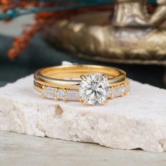 Round Cut Moissanite Solitaire Ring with Wedding Band Bridal Set