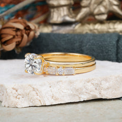 Round Cut Moissanite Solitaire Ring with Wedding Band Bridal Set