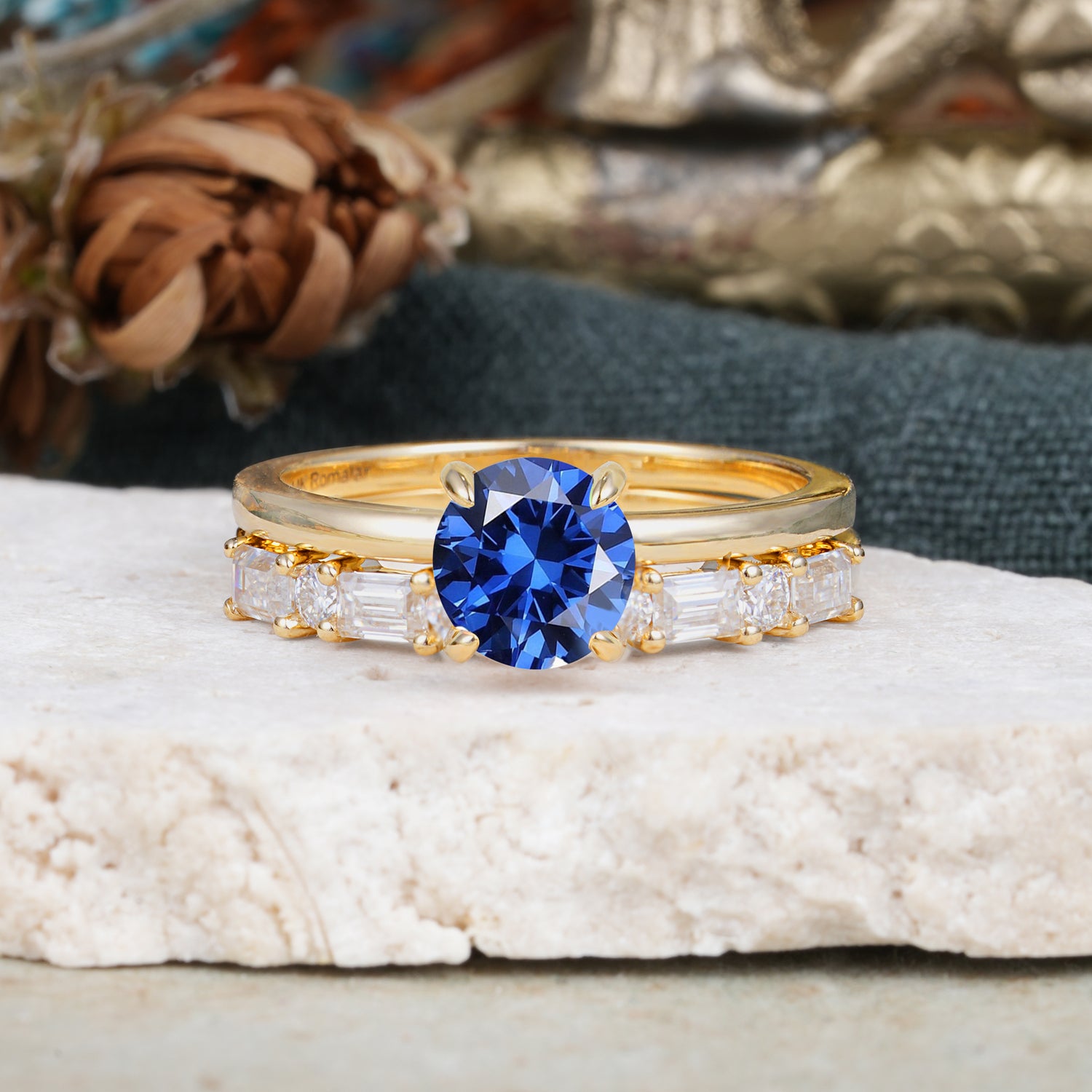 Classic 4 Prong Round Cut Sapphire Solitaire Bridal Ring Set