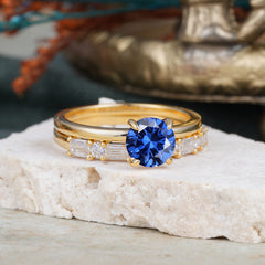 4 Prong Round Cut Sapphire Solitaire Ring with Wedding Band Bridal Set