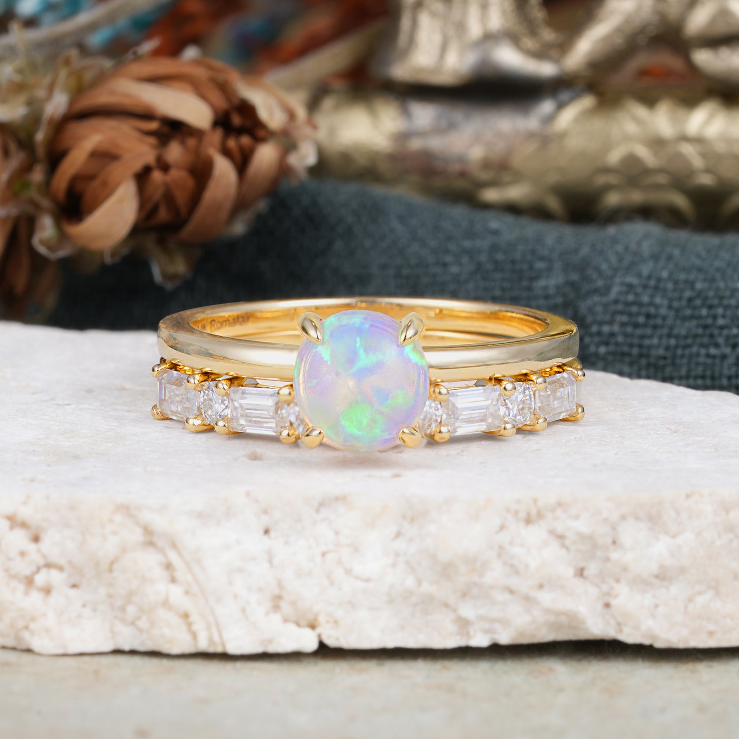 Classic 4 Prong Round Cut Opal Solitaire Bridal Ring Set