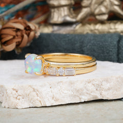 Round Cut Opal Solitaire Ring with Wedding Band Bridal Set