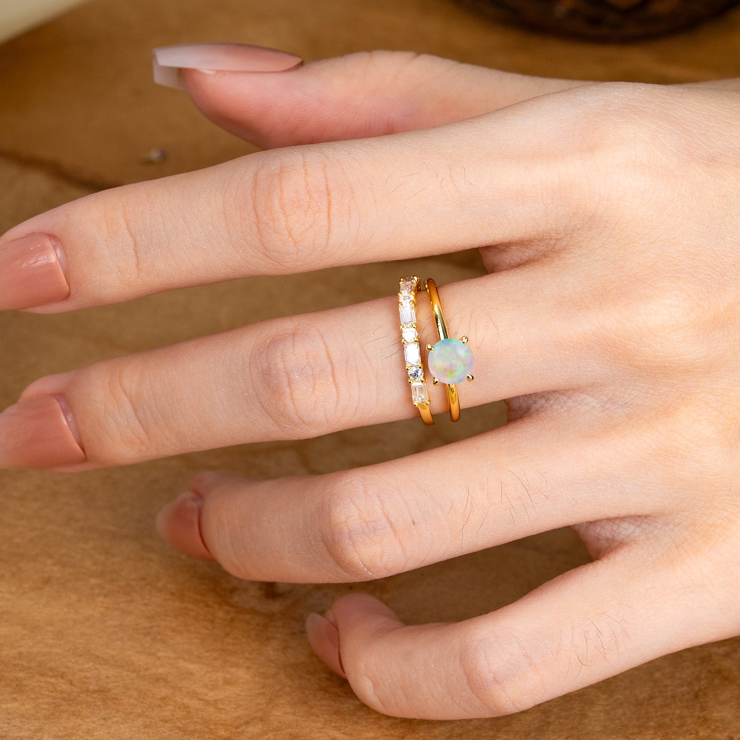 Classic 4 Prong Round Cut Opal Solitaire Bridal Ring Set