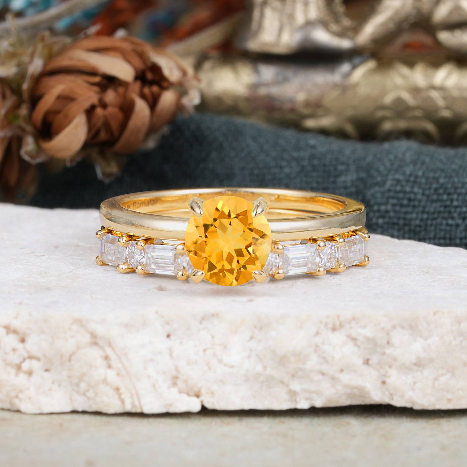 Classic 4 Prong Round Cut Citrine Solitaire Bridal Ring Set