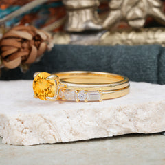 4 Prong Round Cut Citrine Solitaire Ring with Wedding Band Bridal Set