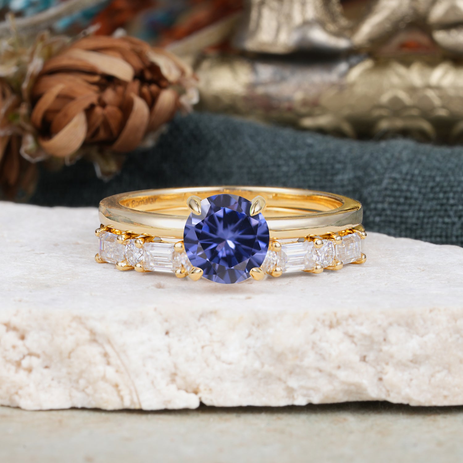 Classic 4 Prong Round Cut Tanzanite Solitaire Bridal Ring Set
