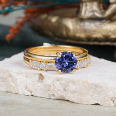 4 Prong Round Cut Tanzanite Solitaire Ring with Wedding Band Bridal Set