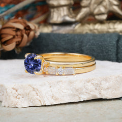 4 Prong Round Cut Tanzanite Solitaire Ring with Wedding Band Bridal Set