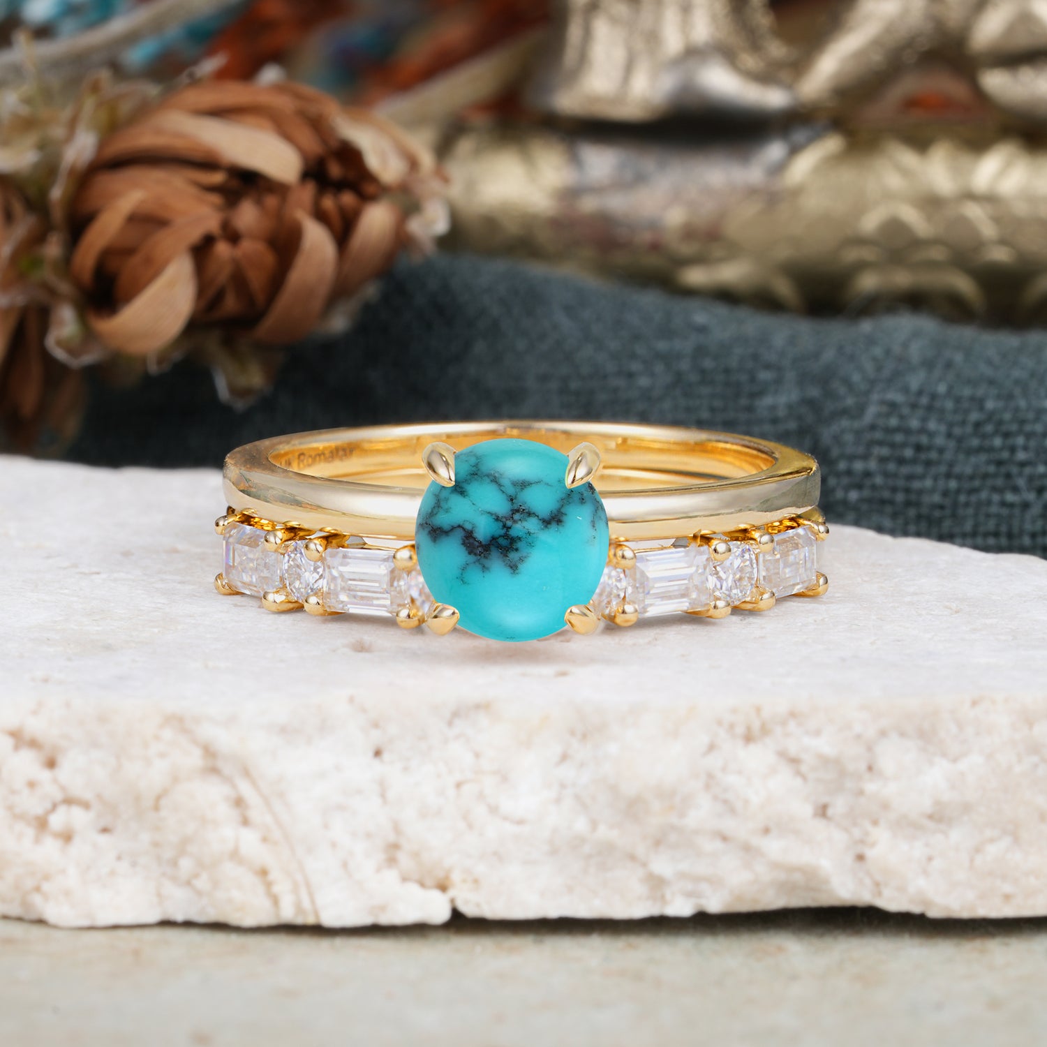 Classic 4 Prong Round Cut Turquoise Solitaire Bridal Ring Set