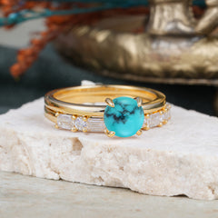 4 Prong Round Cut Turquoise Solitaire Ring with Wedding Band Bridal Set