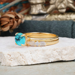 4 Prong Round Cut Turquoise Solitaire Ring with Wedding Band Bridal Set