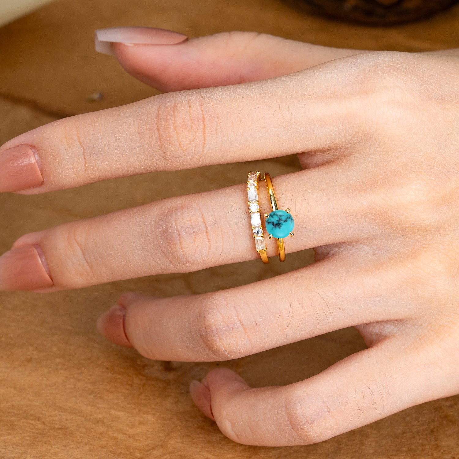 Classic 4 Prong Round Cut Turquoise Solitaire Bridal Ring Set