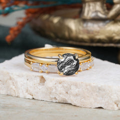 4 Prong Round Cut Black Rutilated Quartz Solitaire Ring with Wedding Band Bridal Set