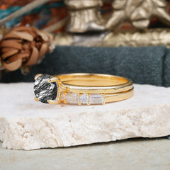 4 Prong Round Cut Black Rutilated Quartz Solitaire Ring with Wedding Band Bridal Set