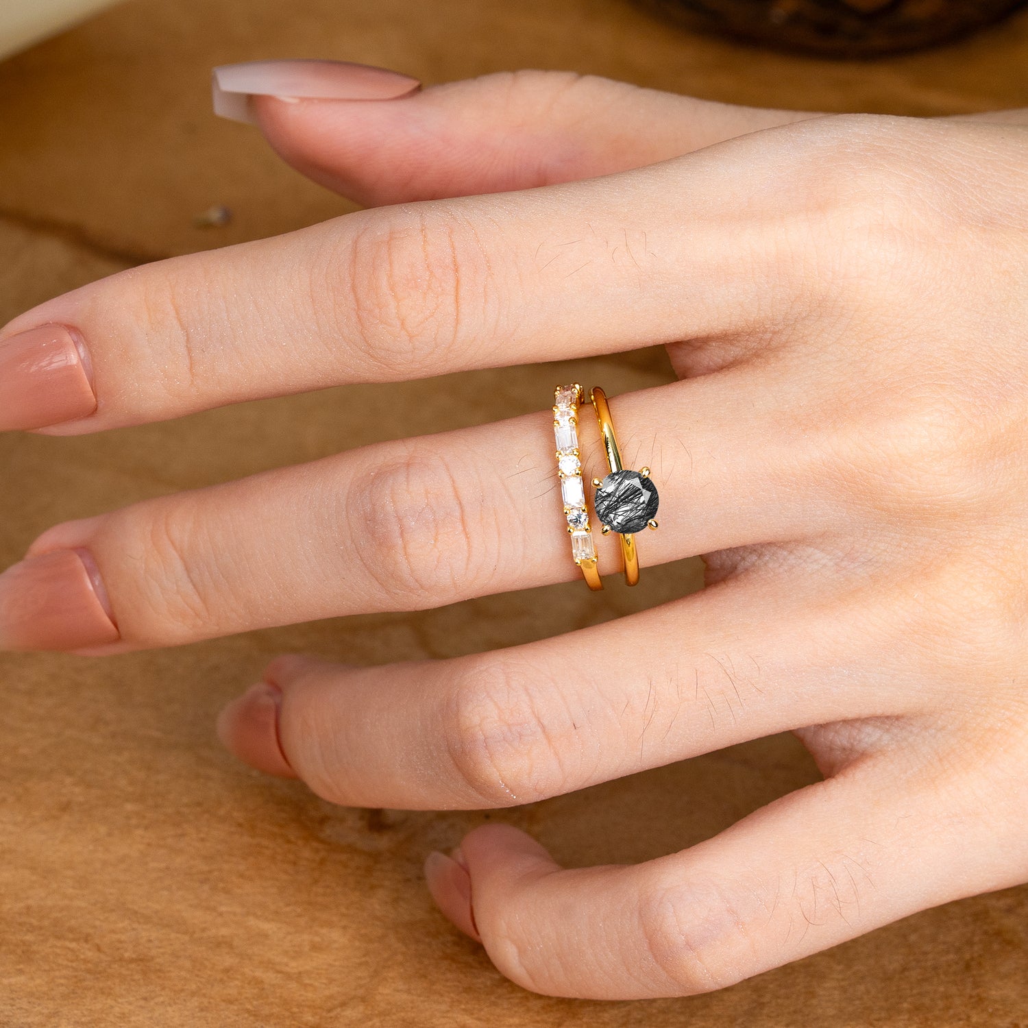 Classic 4 Prong Round Cut Black Rutilated Quartz Solitaire Bridal Ring Set