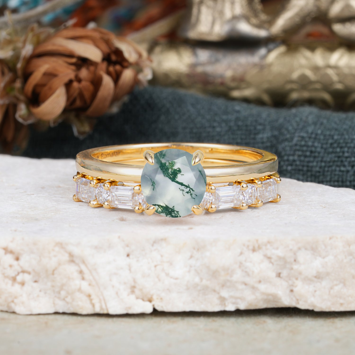 Classic 4 Prong Round Cut Moss Agate Solitaire Bridal Ring Set