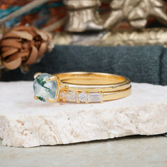 Round Cut Moss Agate Solitaire Ring with Wedding Band Bridal Set