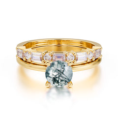 Round Cut Moss Agate Solitaire Ring with Wedding Band Bridal Set