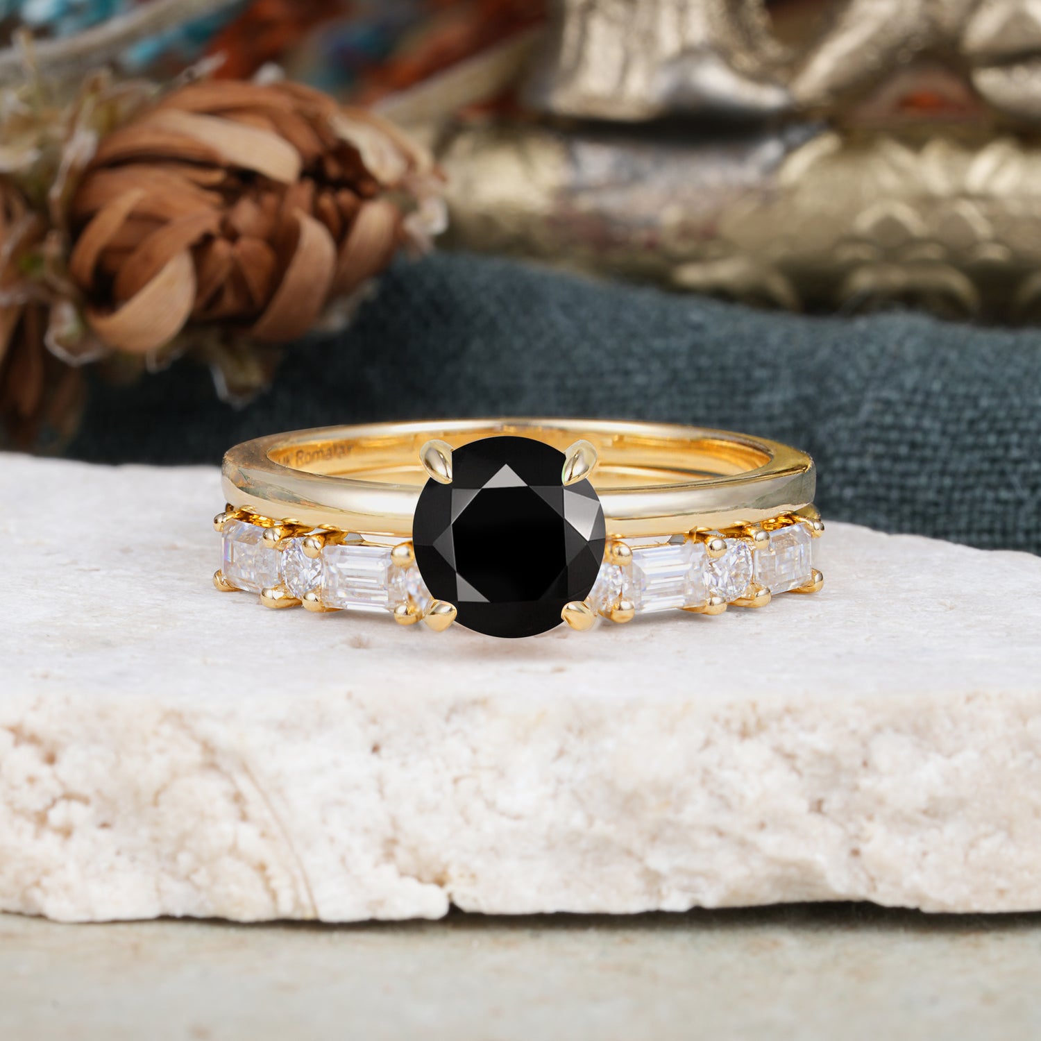 Classic 4 Prong Round Cut Black Onyx Solitaire Bridal Ring Set