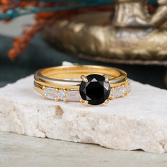 Round Cut Black Onyx Solitaire Ring with Wedding Band Bridal Set