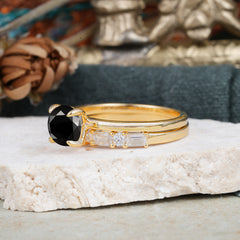 Round Cut Black Onyx Solitaire Ring with Wedding Band Bridal Set