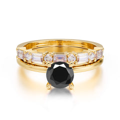 Round Cut Black Onyx Solitaire Ring with Wedding Band Bridal Set
