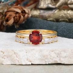 Round Cut Garnet Solitaire Ring with Wedding Band Bridal Set