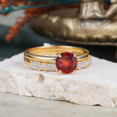 Round Cut Garnet Solitaire Ring with Wedding Band Bridal Set