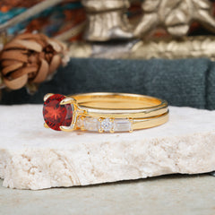 Round Cut Garnet Solitaire Ring with Wedding Band Bridal Set