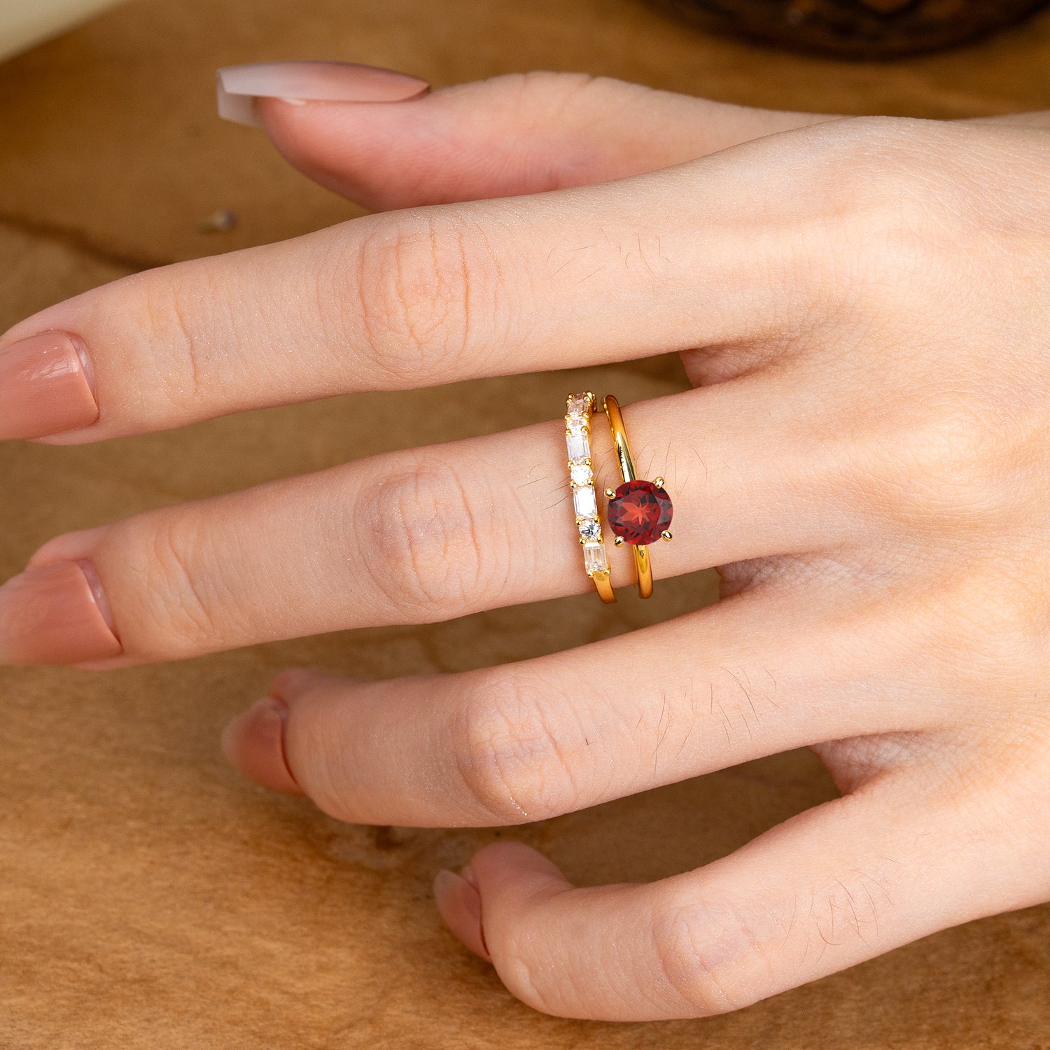 Classic 4 Prong Round Cut Garnet Solitaire Bridal Ring Set