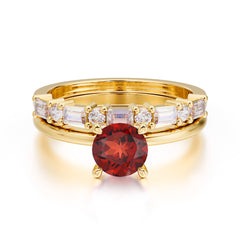 Round Cut Garnet Solitaire Ring with Wedding Band Bridal Set
