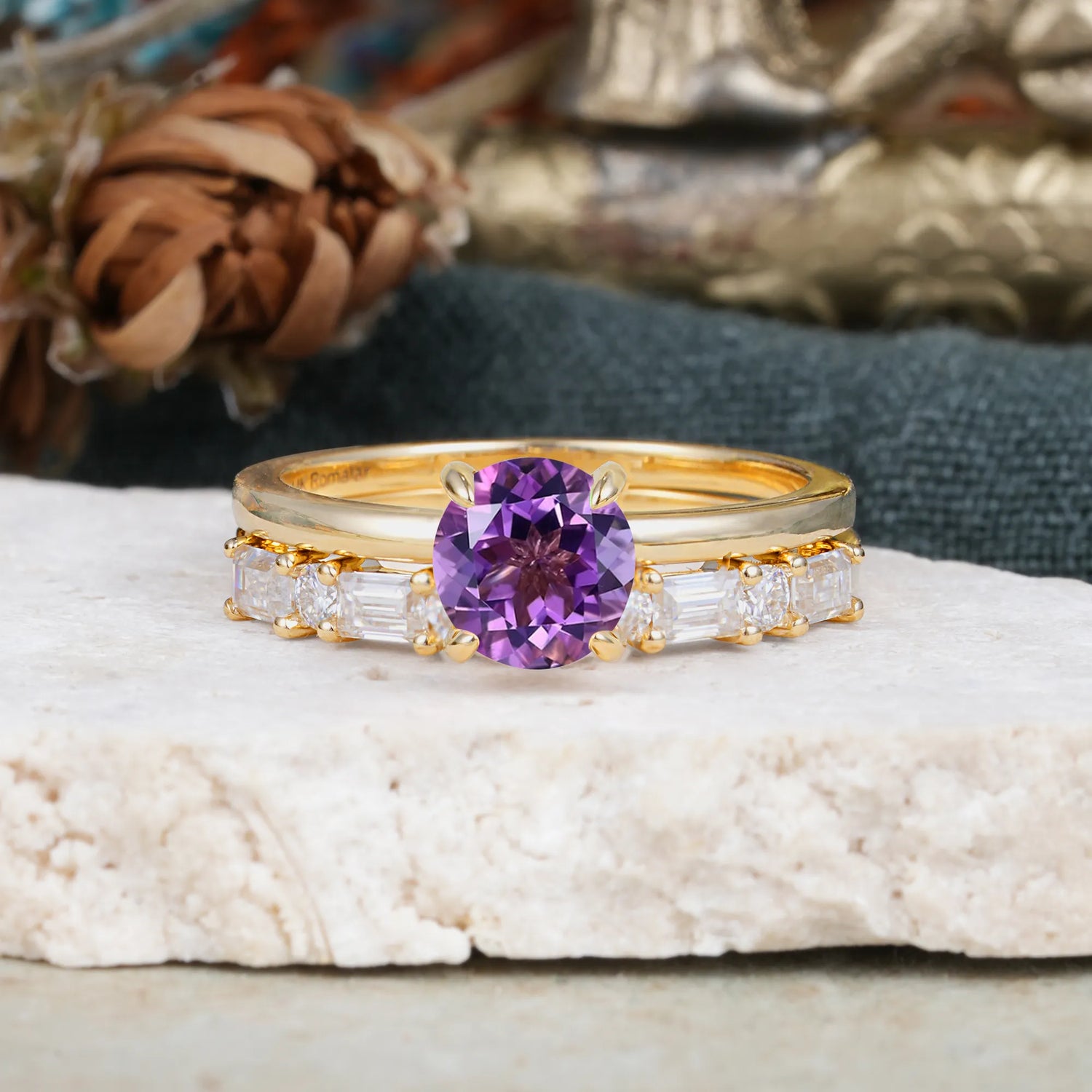 Classic 4 Prong Round Cut Amethyst Solitaire Bridal Ring Set