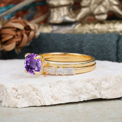 Round Cut Amethyst Solitaire Ring with Wedding Band Bridal Set