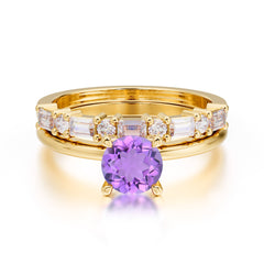 Round Cut Amethyst Solitaire Ring with Wedding Band Bridal Set