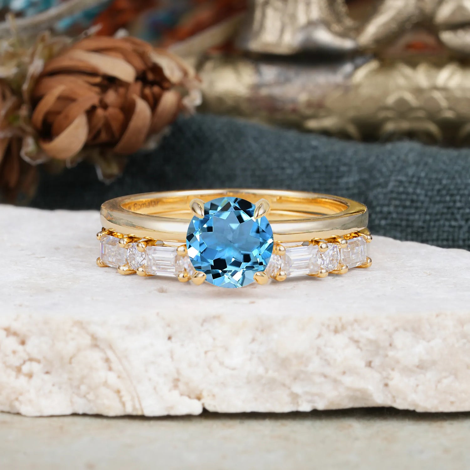 Classic 4 Prong Round Cut Aquamarine Solitaire Bridal Ring Set