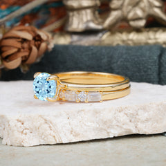 Round Cut Aquamarine Solitaire Ring with Wedding Band Bridal Set