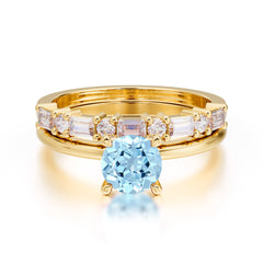 Round Cut Aquamarine Solitaire Ring with Wedding Band Bridal Set